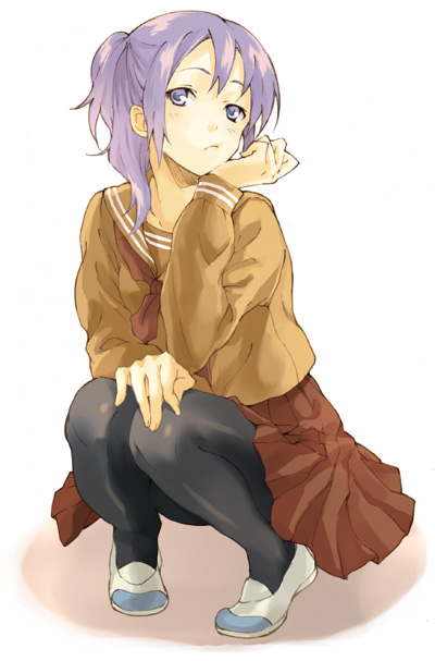 original pantyhose purple_hair ribbon sakamoto_atsumu school_uniform serafuku skirt solo squatting