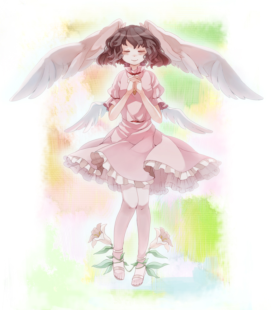 bad_id bad_pixiv_id brown_hair chachi_(azuzu) flower hands_clasped head_wings inaba_tewi own_hands_together pantyhose praying short_hair smile solo touhou wings