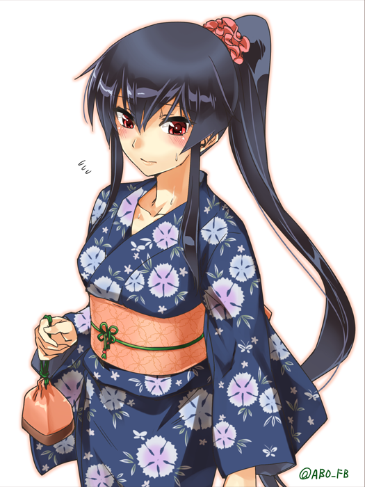 abo_(hechouchou) alternate_costume black_hair collarbone floral_print flying_sweatdrops hair_between_eyes hair_ornament hair_scrunchie holding japanese_clothes kantai_collection kimono kinchaku long_hair long_sleeves looking_to_the_side obi ponytail pouch red_eyes sash scrunchie sidelocks simple_background solo sweatdrop twitter_username very_long_hair white_background yahagi_(kantai_collection) yukata