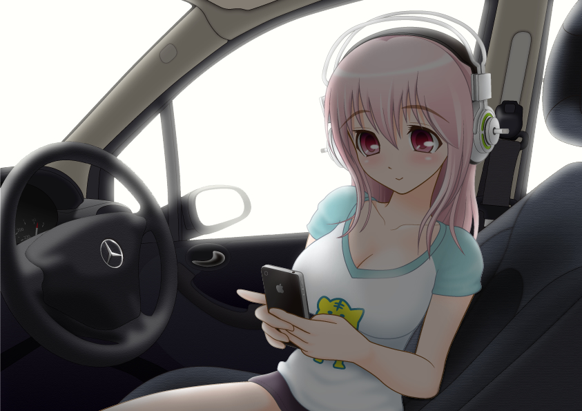 apple_inc. blush breasts car car_interior cellphone commentary_request ground_vehicle headphones iphone large_breasts long_hair mercedes-benz motor_vehicle nitroplus phone pink_hair product_placement raglan_sleeves red_eyes sitting smartphone smile solo super_sonico tamagomasami