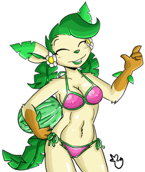 2009 anthro bikini breasts cleavage clothed clothing eeveelution eyes_closed female green_hair green_lips green_nose hair leafeon mint_swirl nintendo nipple_bulge pcaduck pok&eacute;mon smile solo standing swimsuit video_games watermelon