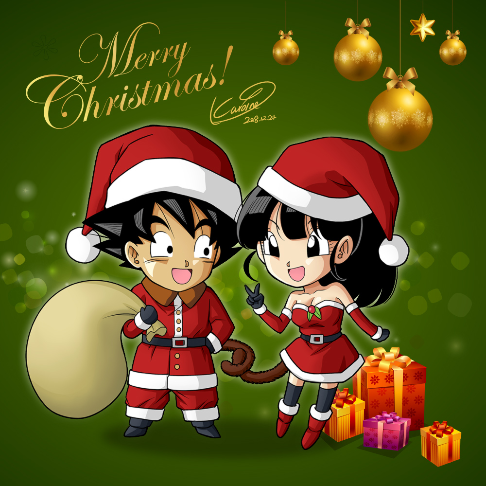 1boy 1girl beat_(dragon_ball) black_eyes black_hair boots breasts chibi christmas dated dragon_ball dragon_ball_heroes full_body happy hat karoine looking_at_viewer note_(dragon_ball) saiyan santa_hat shiny shiny_skin smile tail v