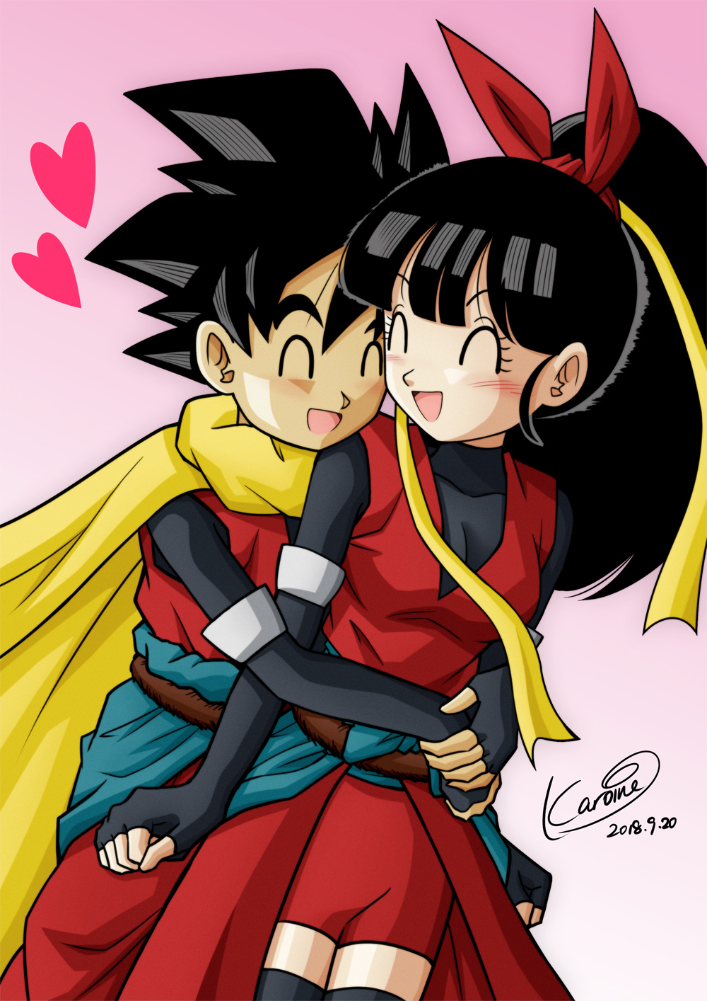 1boy 1girl beat_(dragon_ball) black_hair boots breasts dated dragon_ball dragon_ball_heroes grabbing happy hetero hug karoine looking_back note_(dragon_ball) ponytail saiyan shiny shiny_skin smile tail