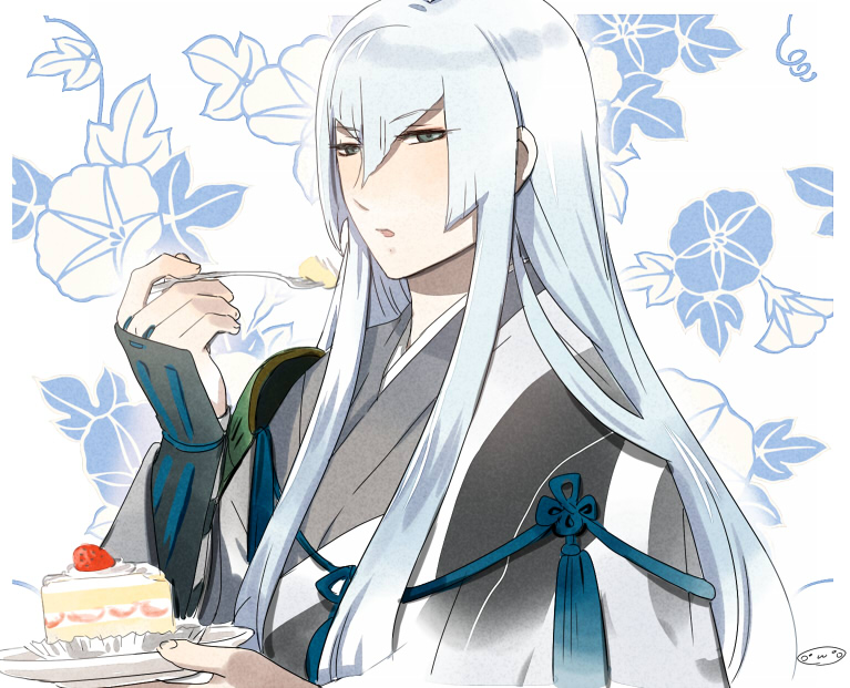 armor blue_hair cake commentary_request eating flower food fork green_eyes japanese_armor japanese_clothes kote kousetsu_samonji long_hair male_focus mizuhara_aki open_mouth plate shoulder_armor slice_of_cake sode solo strawberry_shortcake touken_ranbu upper_body