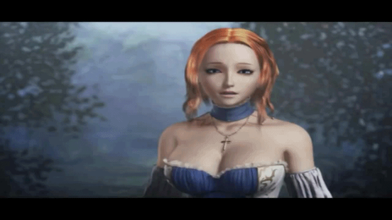 1girl 3d angela_(castlevania) animated animated_gif bare_shoulders blue_hair bouncing_breasts breasts brown_hair castlevania cleavage cross female large_breasts legs lips midriff pachislot_akumaj?_dracula pachislot_akumajÅ_dracula praying short_hair solo