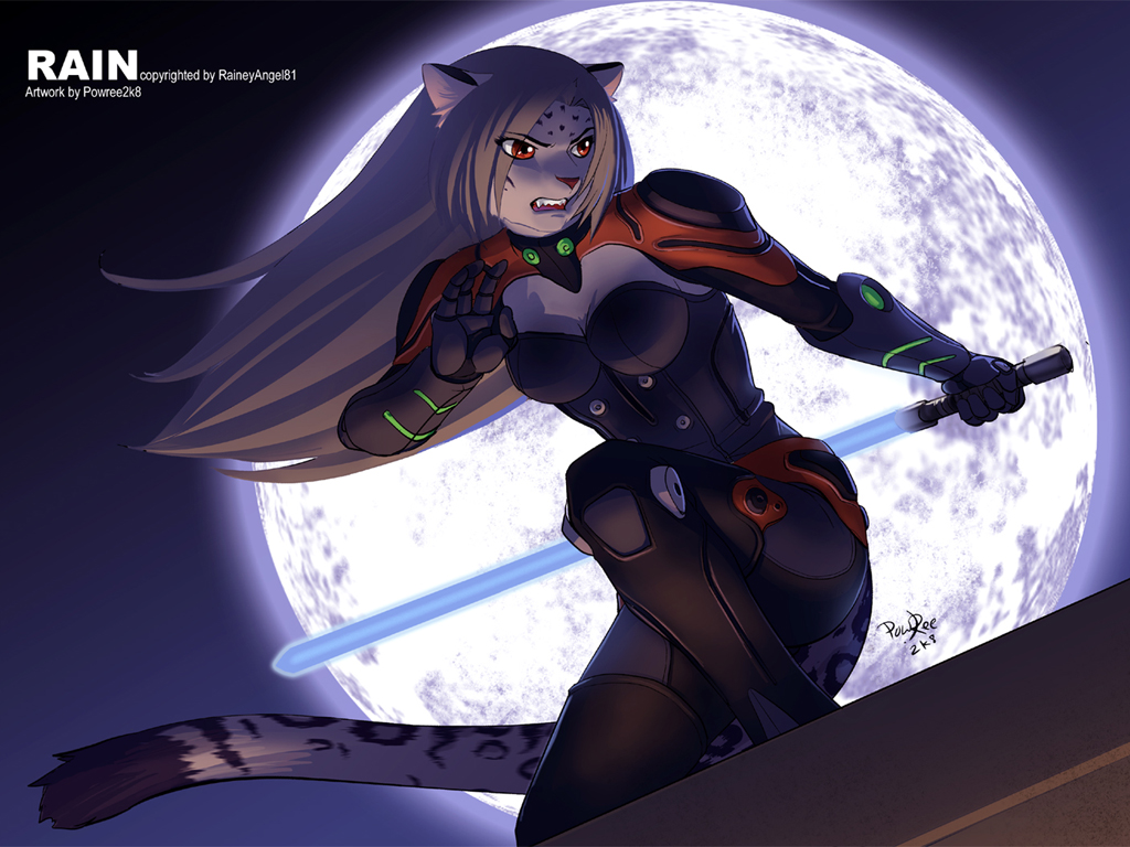 anthro clothed clothing feline female froggiechan hair holding holding_weapon lightsaber long_hair long_tail mammal moon ninja pose rain_(character) rooftop solo star_wars tiger weapon