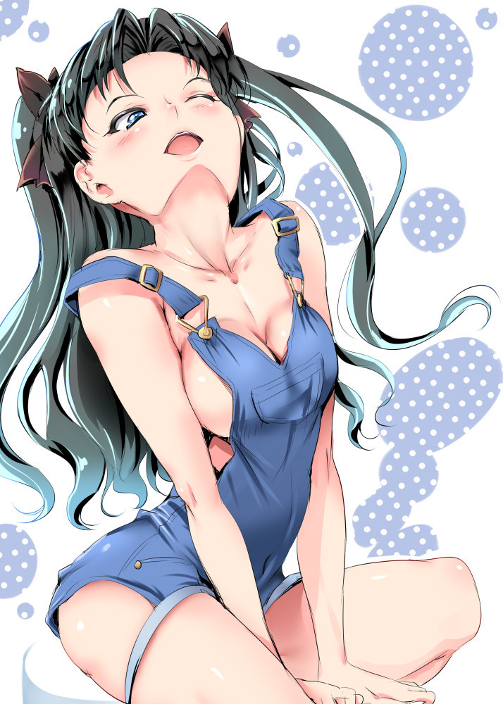 black_hair blue_eyes breasts chin cleavage collarbone fate/stay_night fate_(series) hair_ribbon long_hair medium_breasts naked_overalls one_eye_closed open_mouth overalls polka_dot ribbon shiranagi solo toosaka_rin two_side_up