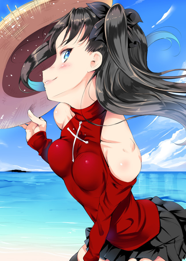 adapted_costume bare_shoulders beach black_hair black_legwear blue_eyes cloud cloudy_sky day fate/stay_night fate_(series) hair_ribbon hat hat_removed headwear_removed lips long_hair long_sleeves outdoors pleated_skirt ribbon shiranagi sideways_glance skirt sky smile solo straw_hat thighhighs toosaka_rin two_side_up