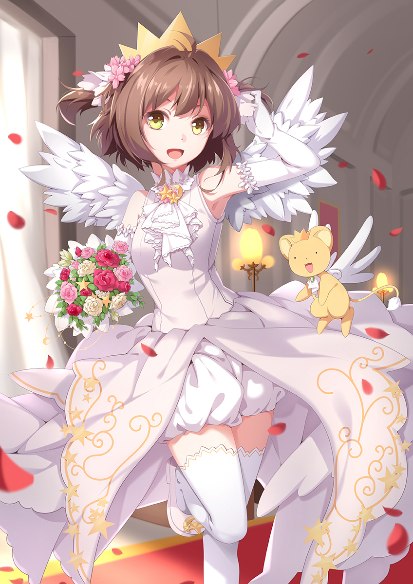 :d ahoge bangs bouquet brown_hair cardcaptor_sakura crescent crown curtains door dress ello feathered_wings flower gloves green_eyes hair_flower hair_ornament highres indoors kero kinomoto_sakura lamp leg_up open_mouth petals rose short_hair sleeveless smile solo_focus star thighhighs two_side_up white_dress white_footwear white_gloves white_legwear white_wings wings