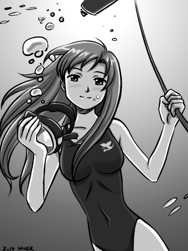 air_bubble blush breath bubble covered_navel diving diving_mask freediving greyscale long_hair looking_at_viewer monochrome one-piece_swimsuit original removing_headwear saver_(artbysaver) smile solo swimsuit underwater