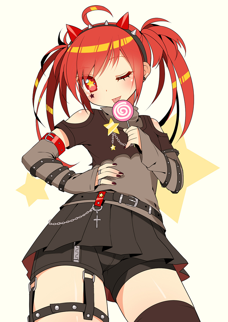 ;p ahoge bare_shoulders belt belt_buckle black_nails buckle candy cowboy_shot cross detached_sleeves fake_horns food garter_straps gothic hairband hand_on_hip horns licking lollipop mvv nail_polish one_eye_closed original red_eyes red_hair shorts single_garter single_thighhigh skirt solo star star-shaped_pupils symbol-shaped_pupils thighhighs tongue tongue_out twintails vivian_(mvv) zipper