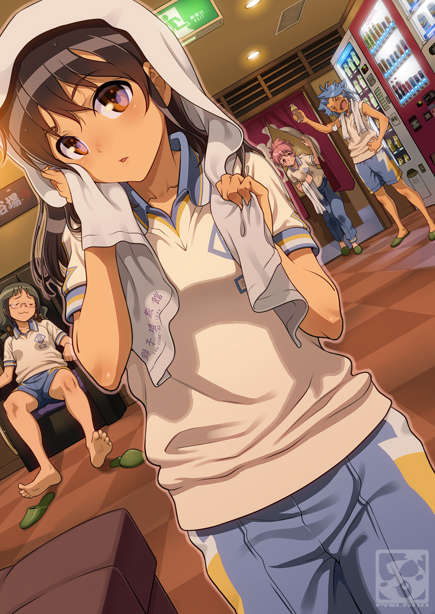 &gt;_&lt; :3 after_bath aoi_sora_(pairan) bare_arms barefoot black_hair blue_hair blush brown_eyes checkered checkered_floor closed_eyes commentary_request couch drink drying drying_hair glasses gym_shorts gym_uniform highres indoors long_hair looking_at_viewer multiple_girls original pairan parted_lips pink_hair ponytail short_hair short_sleeves shorts sitting sleeping solo_focus towel towel_writing vending_machine white_towel