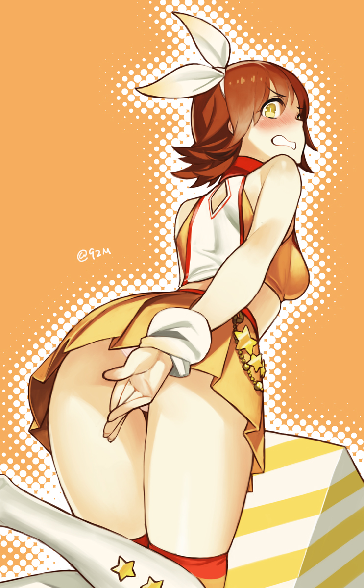 92m artist_name blush boots brown_hair cheerleader covering covering_ass crop_top from_behind highres honda_mio idolmaster idolmaster_cinderella_girls knee_boots looking_at_viewer looking_back panties pink_panties pleated_skirt skirt solo star sunset_nostalgie underwear wavy_mouth yellow_eyes