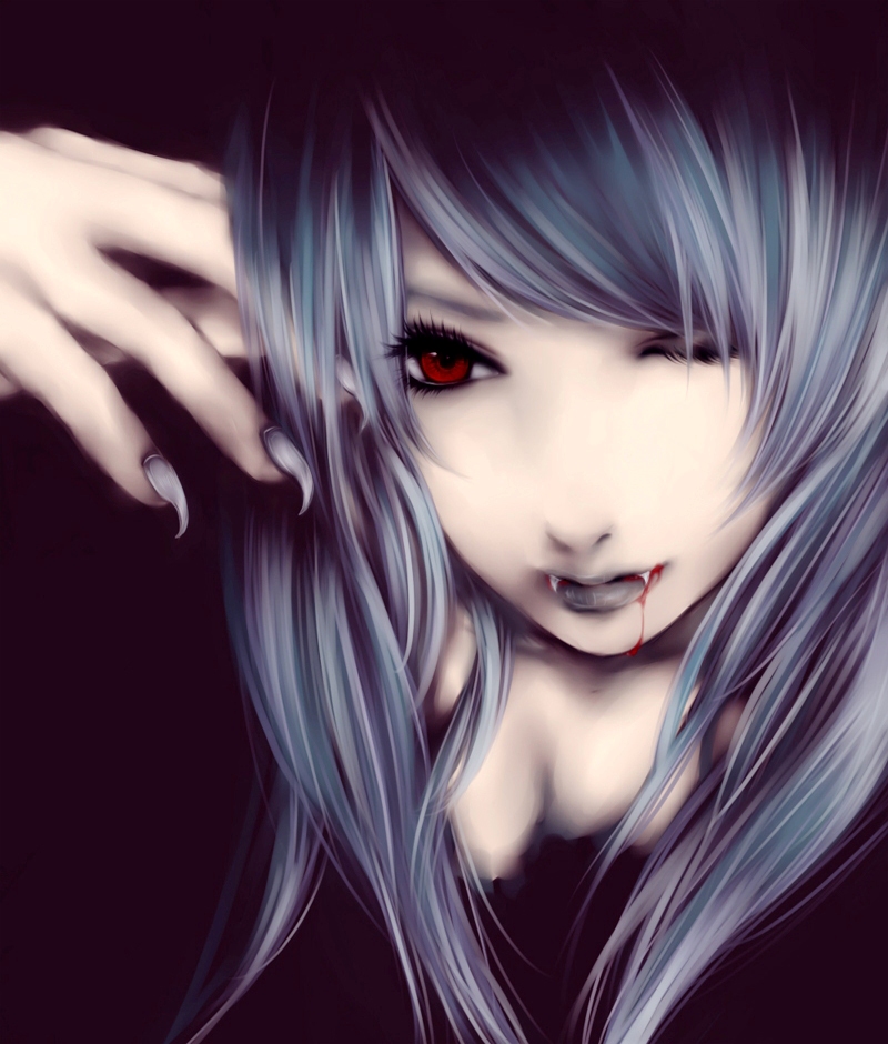 bad_id bad_pixiv_id blood blue_hair claws close-up face fangs fingernails hands lips long_hair one_eye_closed original realistic red_eyes ririneko simple_background solo vampire