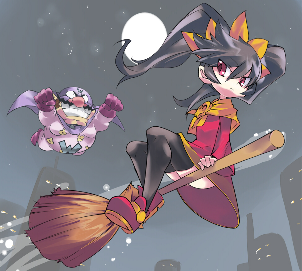1girl alternate_costume ario ashley_(warioware) black_hair broom broom_riding brown_hair building cape dress facial_hair flying gloves grin looking_back mask moon mustache night nose red_eyes sidesaddle skin_tight smile star thighhighs twintails wario wario-man warioware