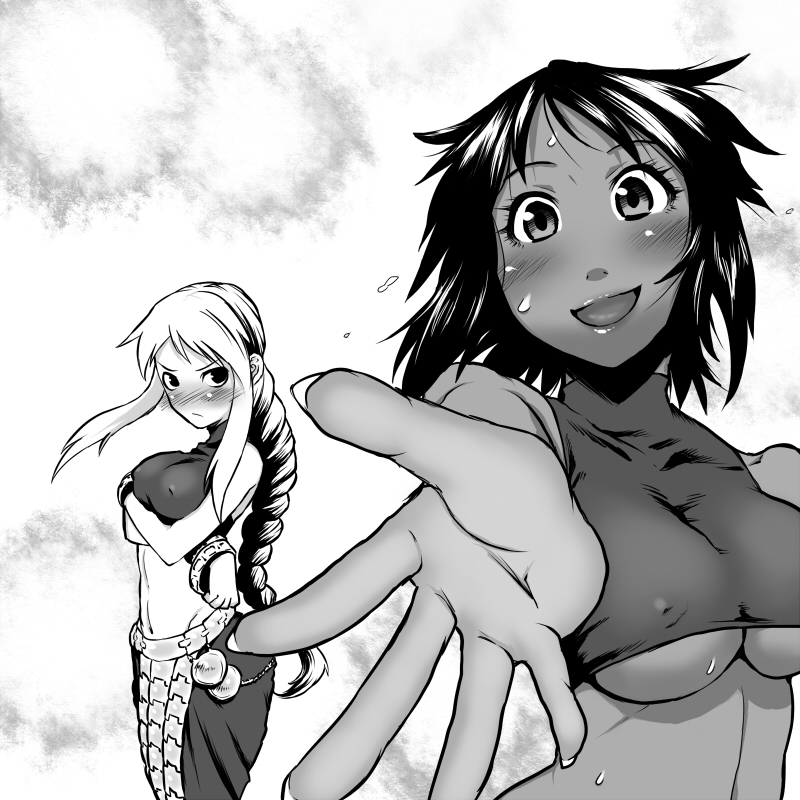 agrias_oaks bad_id bad_pixiv_id bare_shoulders belt blush braid breast_hold breasts class_change collarbone cosplay covered_nipples crop_top crossed_arms dancer dancer_(fft) dark_skin final_fantasy final_fantasy_tactics greyscale halter_top halterneck lips loincloth long_hair looking_at_viewer medium_breasts midriff monochrome multiple_girls open_mouth outstretched_hand rapha_galthena short_hair sidelocks single_braid sweat tsukudani_(coke-buta) underboob