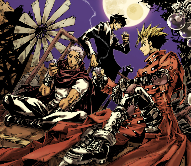 asato bad_id bad_pixiv_id black_cat black_hair boots cape cat drinking earrings formal gloves jewelry livio_the_doublefang long_coat male_focus moon multicolored_hair multiple_boys nicholas_d_wolfwood sitting smoking suit trigun trigun_maximum two-tone_hair vash_the_stampede white_hair windmill
