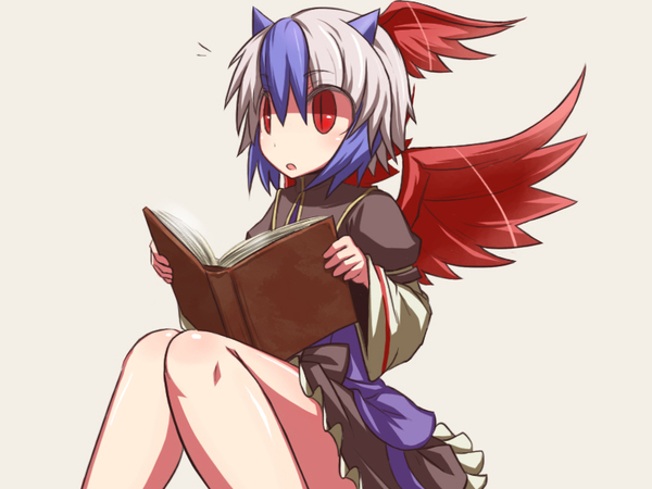 book dress hakika head_wings horns image_sample md5_mismatch multicolored_hair pixiv_sample red_eyes short_hair solo tokiko_(touhou) touhou wings