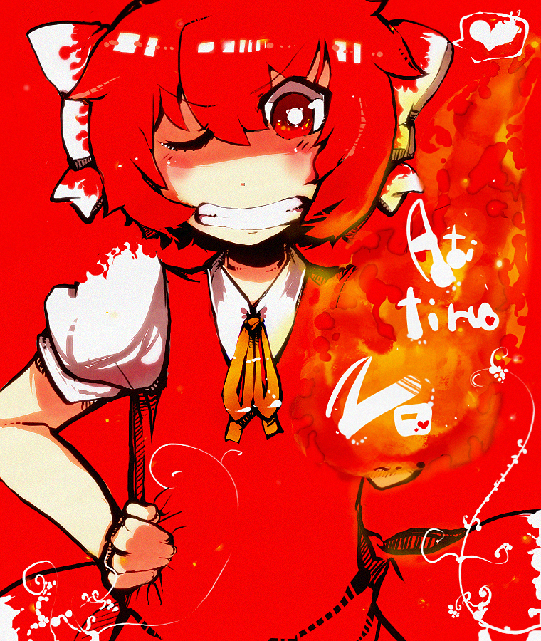 achi_cirno alternate_color alternate_element bad_id bad_pixiv_id bow cirno fire hair_bow red_eyes red_hair short_hair solo tera touhou