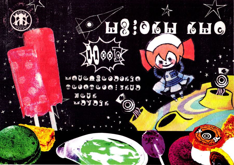 candy charlotte_(madoka_magica) food gekidan_inu_curry hat helmet lollipop madoka_runes mahou_shoujo_madoka_magica mahou_shoujo_madoka_magica_movie no_humans official_art popsicle pyotr_(madoka_magica) smile space space_craft spacesuit translation_request witch_(madoka_magica)