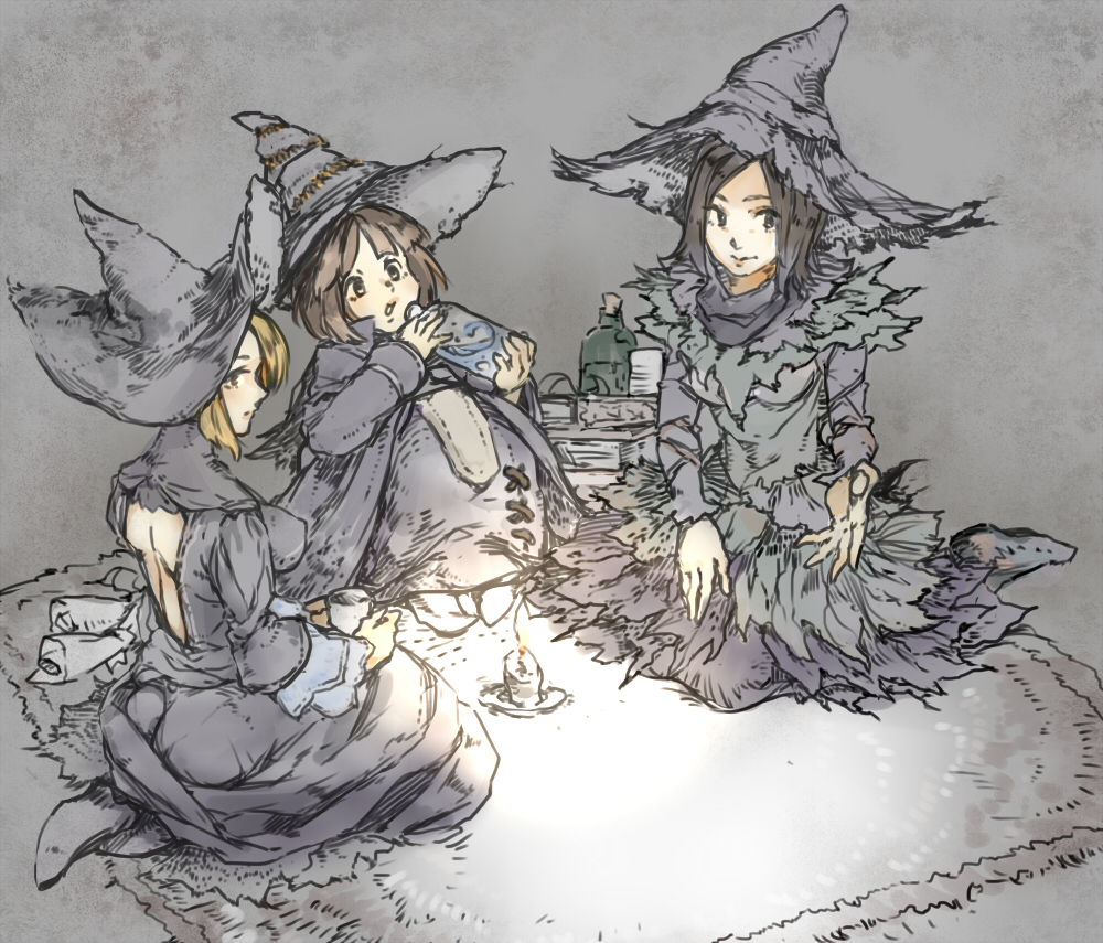 back back_cutout bare_back black_hair blonde_hair book bottle breasts brown_hair candle dark_souls dark_souls_ii demon's_souls dress drink flower green_eyes hat medium_breasts mitsugo_(mgo) multiple_girls potion short_hair sitting souls_(from_software) tea witch witch_beatrice witch_hat yuria_the_witch zullie_the_witch
