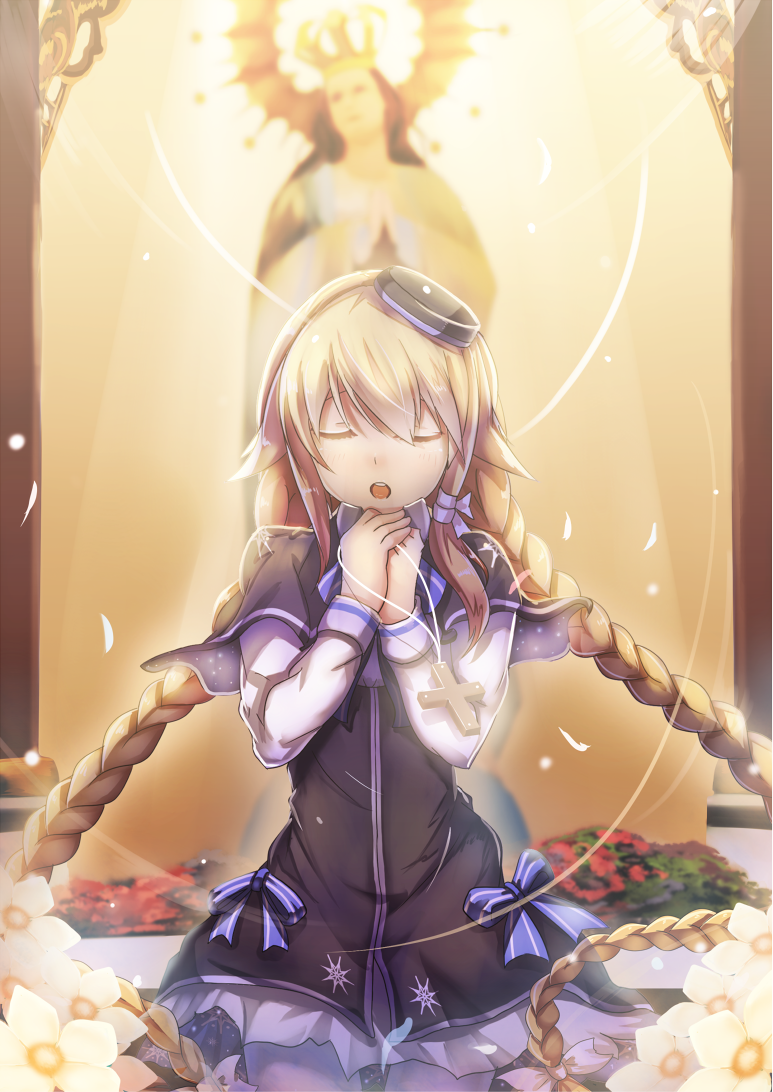 :o blonde_hair bow braid closed_eyes cross cross_necklace dress flower hair_ribbon hat jewelry long_hair long_sleeves magi_in_wanchin_basilica necklace nun pantyhose praying ribbon snowflakes solo statue striped striped_bow twin_braids very_long_hair vococo white_legwear xiao_ma