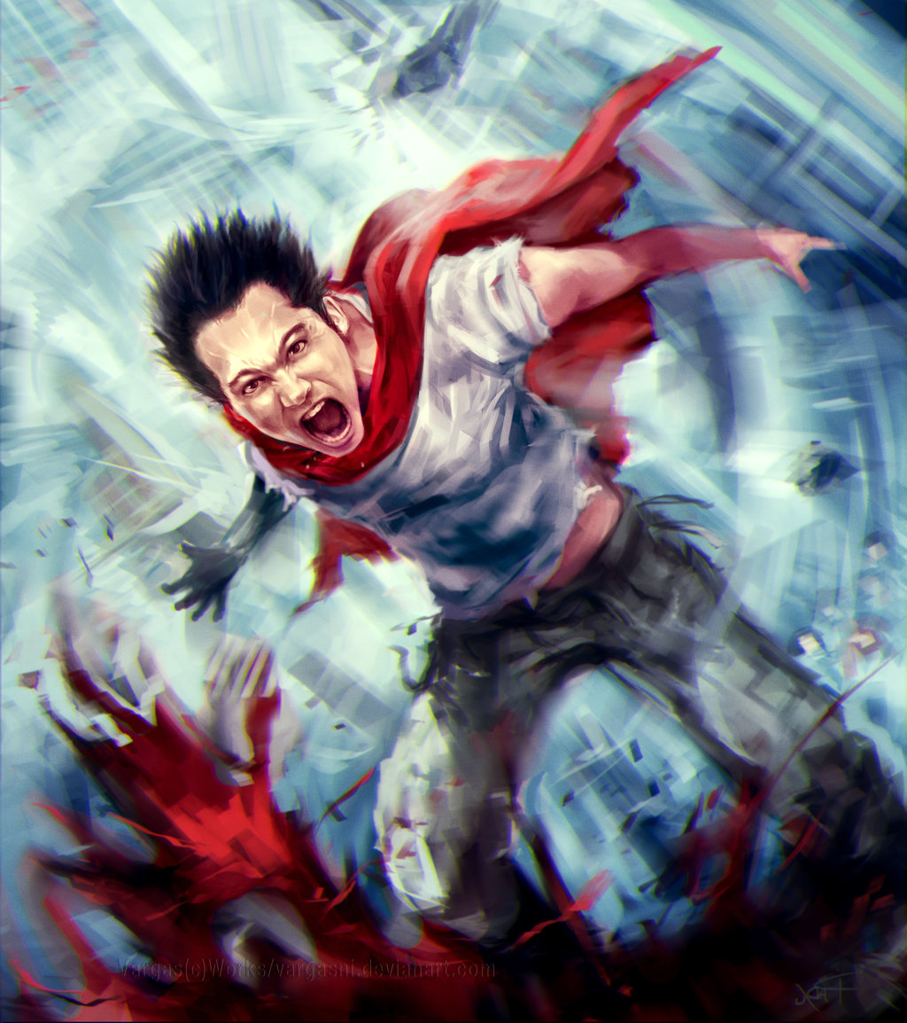 akira black_hair cape dutch_angle male_focus open_mouth prosthesis prosthetic_arm randy_vargas_gomez red_eyes shima_tetsuo signature solo torn_clothes veins watermark web_address