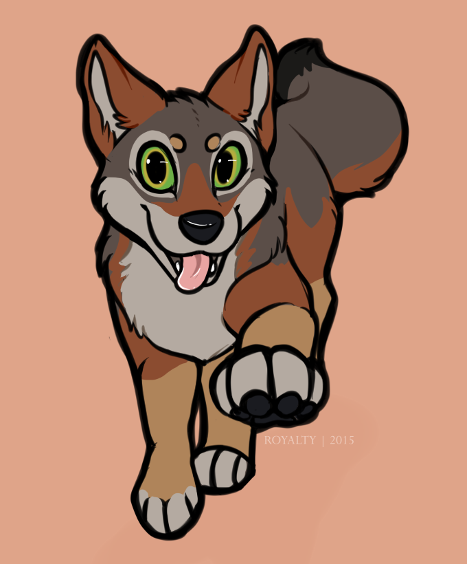 2015 abstract_background ambiguous_gender black_fur brown_fur canine coyote cute feral fur green_eyes grey_fur looking_at_viewer mammal ochre open_mouth pawpads paws puffy_tail royalty_(artist) running smile solo tongue tongue_out