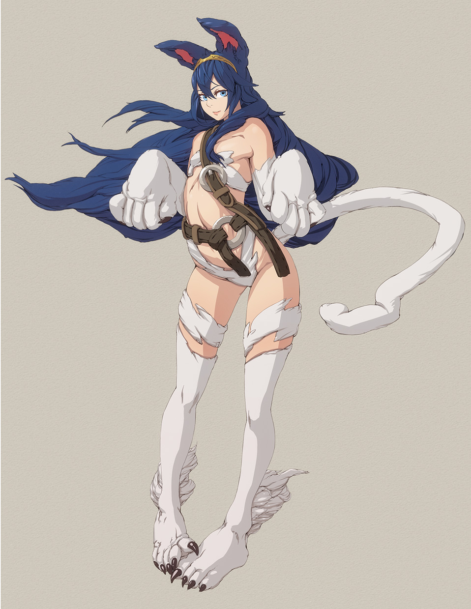 animal_ears barefoot belt blue_eyes blue_hair cat_ears cat_tail claws cosplay felicia felicia_(cosplay) fire_emblem fire_emblem:_kakusei flat_chest full_body fur gloves highres jacqli_(artist) lips long_hair long_legs lucina nose paw_gloves paw_pose paws smile solo tail tiara vampire_(game) very_long_hair