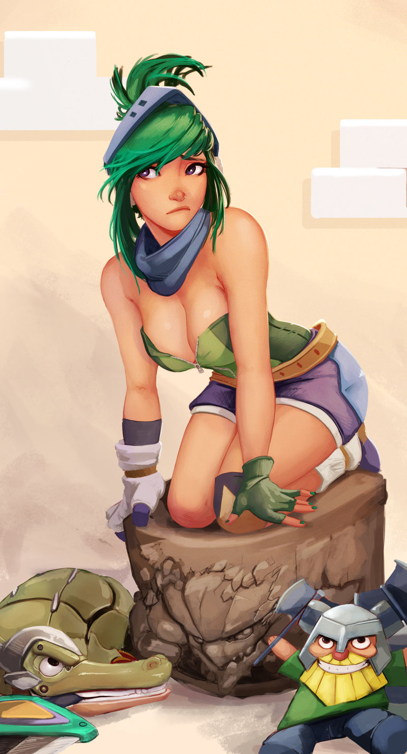 alternate_costume alternate_hair_color arcade_riven axe blonde_hair breasts brolaf carlos_eduardo character_doll character_request fantasy fingerless_gloves gloves green_hair helmet highres kneeling large_breasts league_of_legends olaf_(league_of_legends) renekton riven_(league_of_legends) short_hair smile weapon