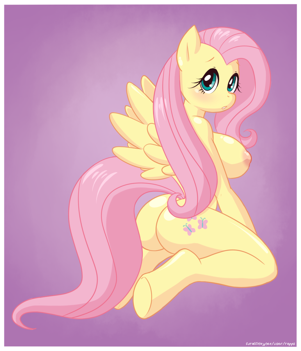2015 anthro anthrofied big_breasts blush breasts butt cutie_mark equine female fluttershy_(mlp) friendship_is_magic hair hooves looking_back mammal my_little_pony nipples nude pegasus pink_hair rapps solo wings