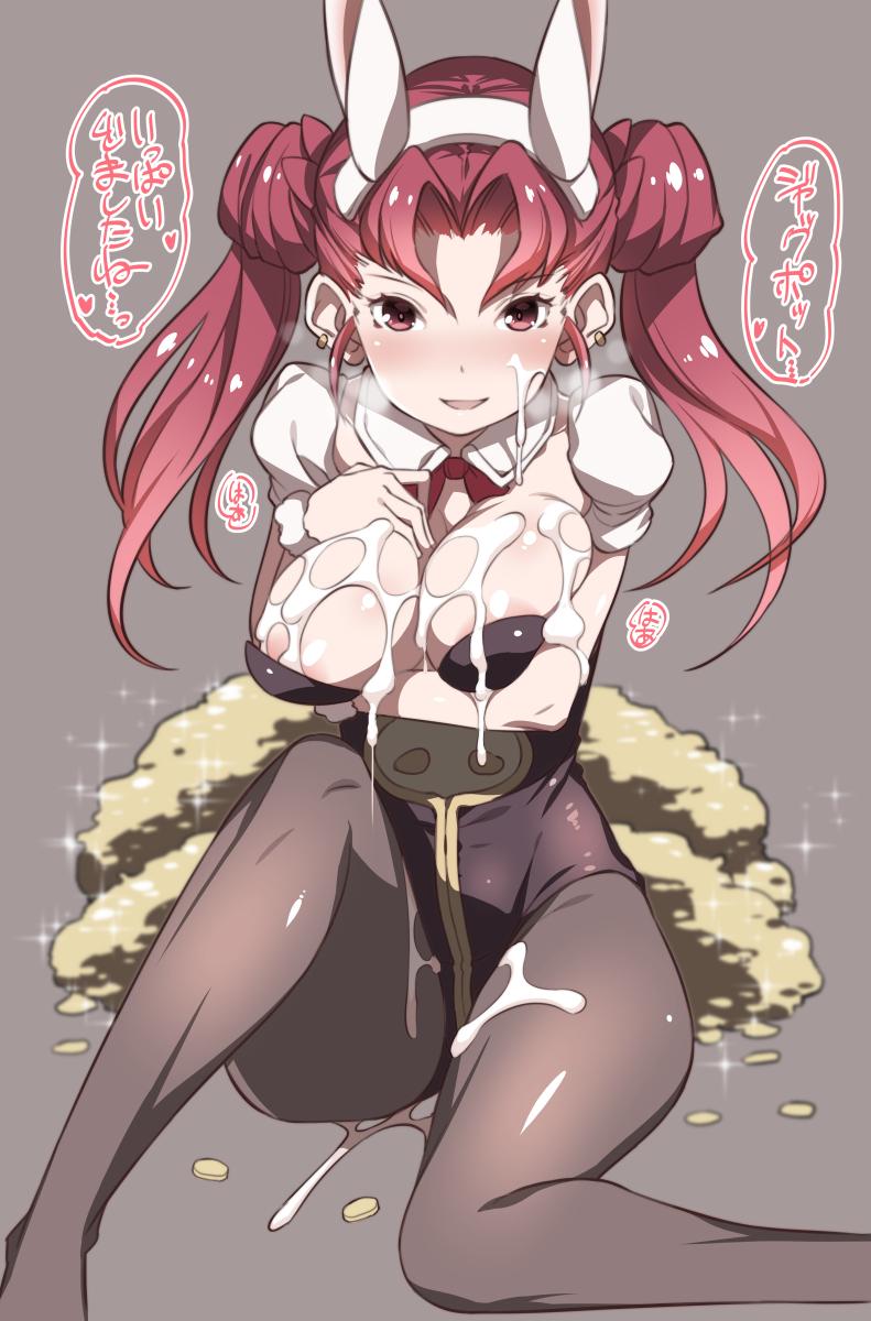 :d animal_ears areola_slip areolae blush breast_hold breasts bunny_ears bunnysuit cleavage coin cum cum_on_body cum_on_breasts cum_on_lower_body cum_on_upper_body detached_collar double_bun earrings extra facial fake_animal_ears granblue_fantasy grey_background grey_legwear hair_intakes hairband highres jewel_resort_bunnygirl jewelry large_breasts long_hair looking_at_viewer money nenemaru open_mouth pantyhose red_eyes red_hair red_ribbon ribbon smile solo sparkle twintails