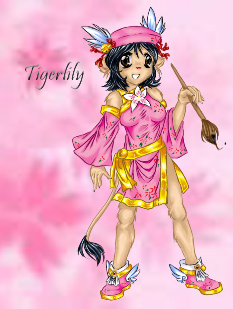 2008 anthro black_fur black_hair breasts brown_eyes brown_fur clothed clothing english_text feline female flower footwear fur hair hat lion mammal paintbrush pink_background plant red_nose shoes simple_background smile solo teeth text tigerlily tigerlilylucky