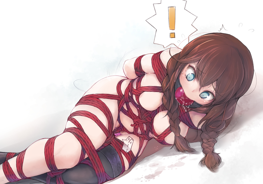 1girl ball_gag bdsm blue_eyes bondage bound braid breasts brown_hair crotch_rope detached_sleeves gag gagged kantai_collection long_hair lying medium_breasts morisova noshiro_(kantai_collection) on_side pubic_hair red_rope rope shibari solo twin_braids vibrator