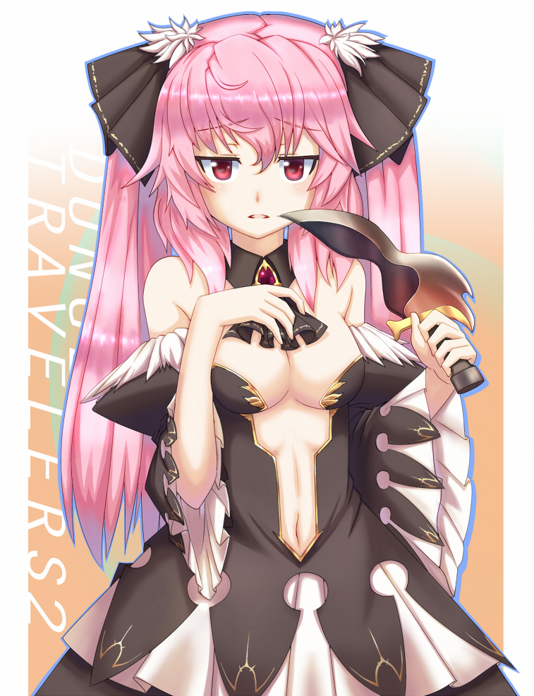 1girl ascot bare_shoulders blush breasts copyright_name dagger detached_collar detached_sleeves dress dungeon_travelers_2 hair_ornament lilian_craper long_hair medium_breasts navel pink_hair red_eyes solo twintails weapon wide_sleeves
