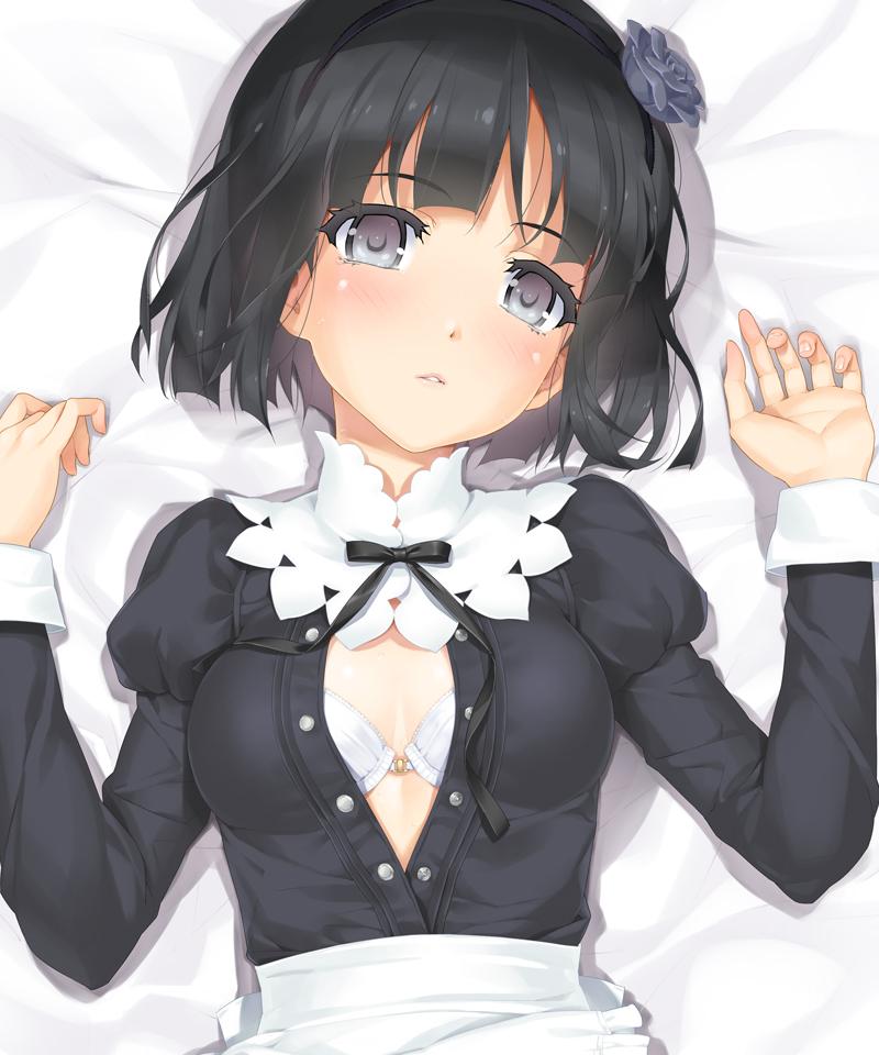 bishoujo_mangekyou black_hair blue_eyes blush bra breasts dorothy_(bishoujo_mangekyou) hair_ornament happoubi_jin looking_at_viewer lying maid on_back open_clothes parted_lips short_hair small_breasts solo unbuttoned underwear white_bra