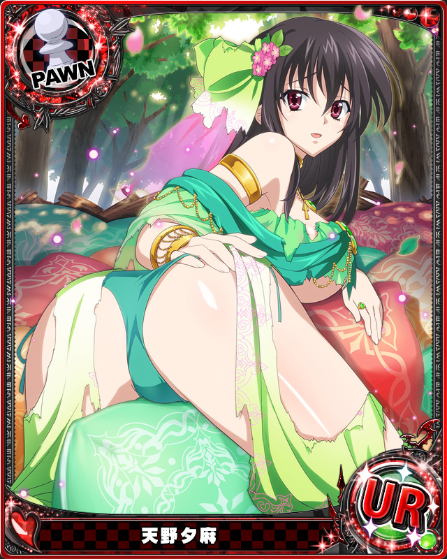 :d aqua_panties ass bare_shoulders black_hair breasts card_(medium) character_name chess_piece dress flower forest from_behind green_dress green_ribbon hair_flower hair_ornament hair_ribbon high_school_dxd jewelry large_breasts looking_at_viewer looking_back nature official_art open_mouth panties pawn pendant petals pillow raynare red_eyes ribbon ring side-tie_panties smile solo straddling torn_clothes torn_dress torn_ribbon trading_card tree underwear veil