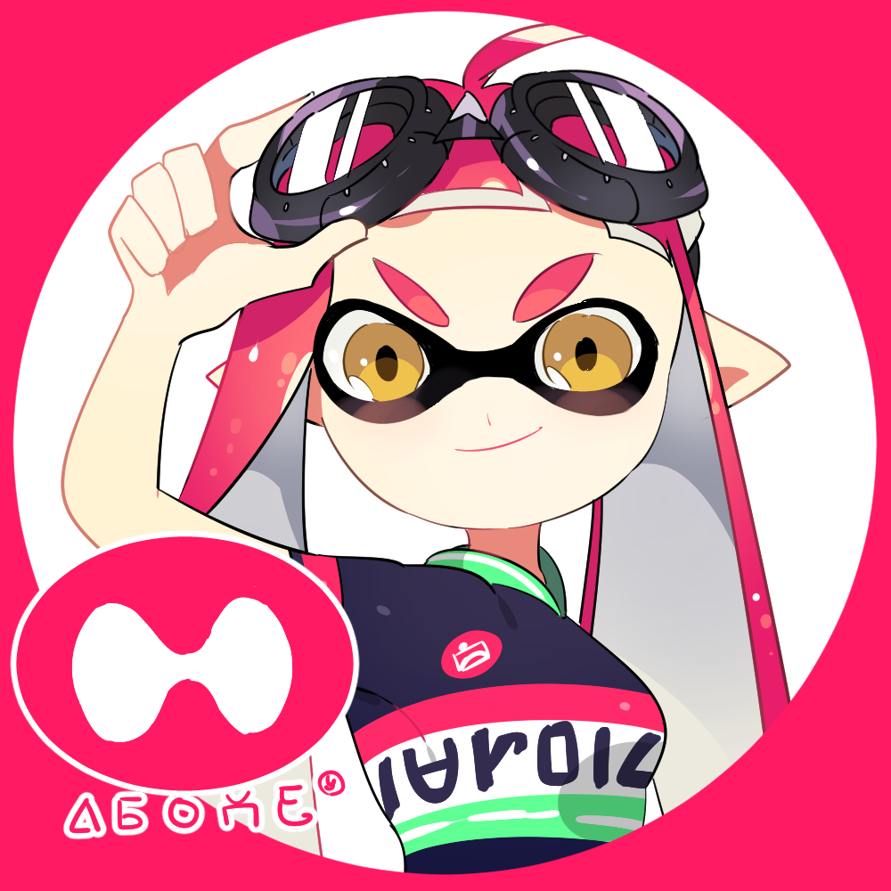adjusting_goggles arm_up cyclist domino_mask goggles goggles_on_head ichikawa_juuichi inkling jersey mask pink_hair pointy_ears sidelocks smile solo splatoon_(series) splatoon_1 tentacle_hair upper_body yellow_eyes