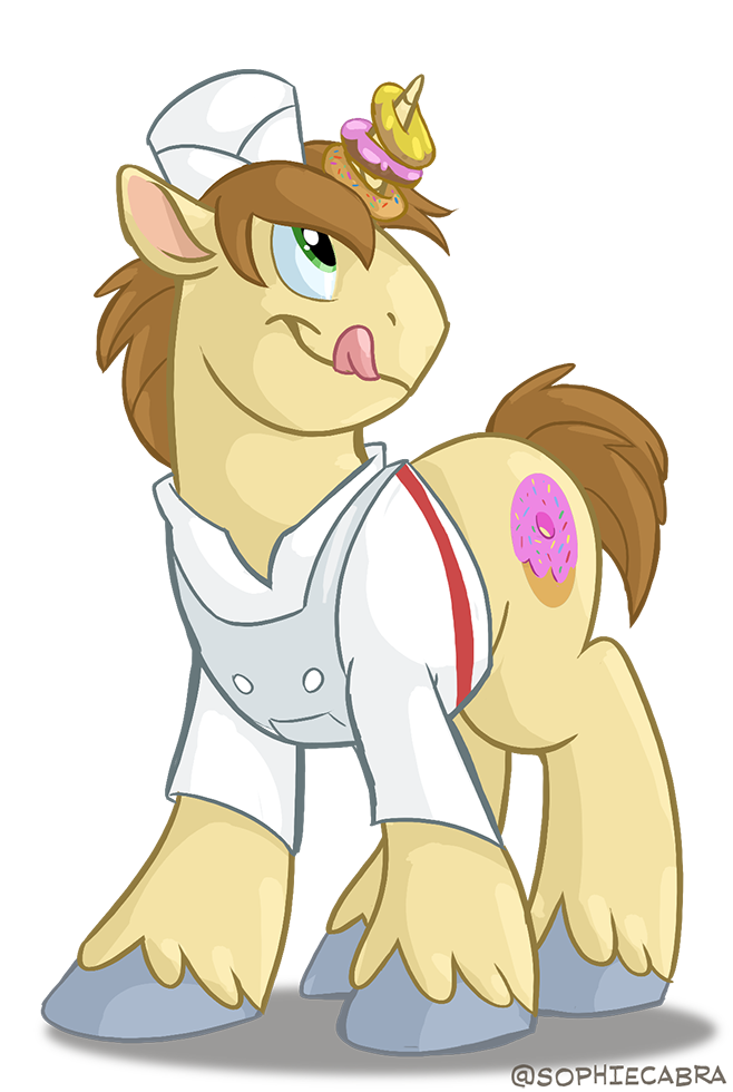 2015 alpha_channel brown_hair clothing cutie_mark donut_joe_(mlp) doughnut equine food friendship_is_magic green_eyes hair horn licking licking_lips male mammal my_little_pony simple_background solo sophiecabra tongue tongue_out transparent_background unicorn