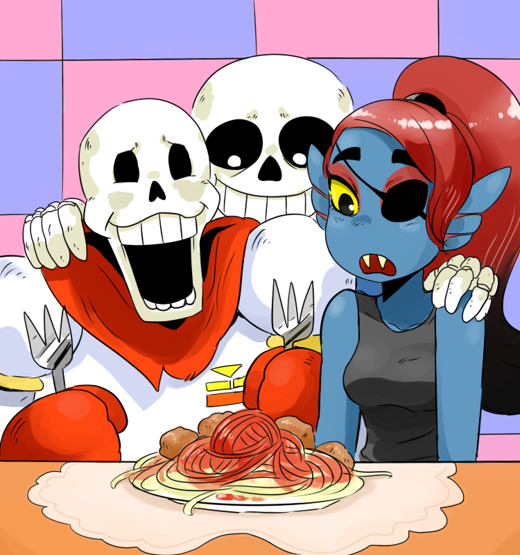 aipiepo armor blue_skin bone breasts brothers clothing eye_patch eyewear fangs female fish food fork group hair male marine meatball monster noseless open_mouth papyrus_(undertale) red_hair sans_(undertale) shirt sibling skeleton smile spaghetti tank_top undertale undyne yellow_eyes