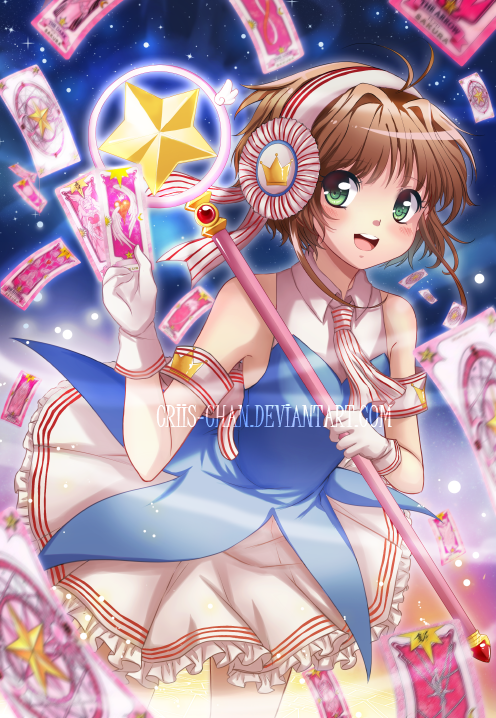 :d arrow_(clow_card) ascot blurry blush brown_hair cardcaptor_sakura clow_card cowboy_shot criis-chan dark_(clow_card) dash_(clow_card) depth_of_field deviantart_username dress firey_(clow_card) float_(clow_card) gloves green_eyes hairband hope_(sakura_card) hoshi_no_tsue illusion_(clow_card) kinomoto_sakura loop_(clow_card) open_mouth petticoat sakura_card short_hair sleeveless sleeveless_dress smile solo star striped sword_(clow_card) wand watermark web_address white_gloves