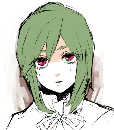 bad_id bad_pixiv_id green_hair kagerou_project kido_tsubomi ooyama_(hnk1018) partially_colored red_eyes sidelocks simple_background solo upper_body white_background younger