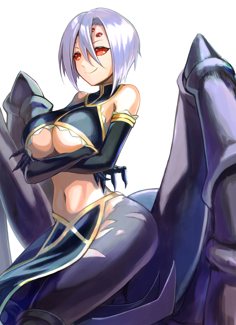 arachne breasts carapace claws crossed_arms detached_sleeves extra_eyes hair_between_eyes huge_breasts hyp insect_girl lavender_hair monster_girl monster_musume_no_iru_nichijou multiple_legs navel pelvic_curtain rachnera_arachnera red_eyes simple_background smile solo spider_girl underboob white_background