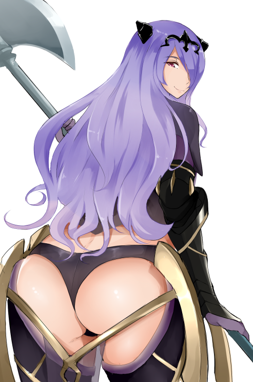 ass axe battle_axe camilla_(fire_emblem_if) erimiko fire_emblem fire_emblem_if from_behind gloves hair_over_one_eye long_hair purple_hair solo thong weapon