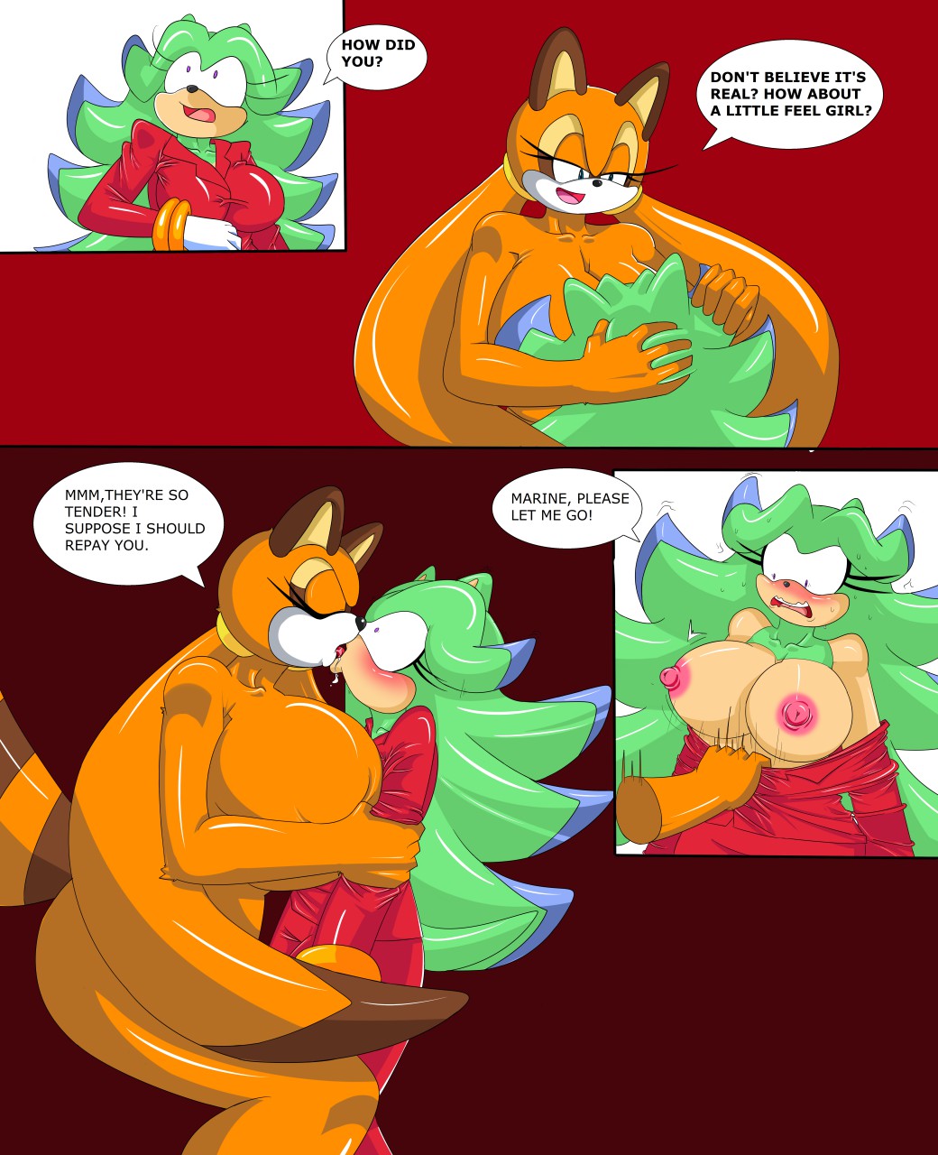 2015 anthro areola assisted_nudity badger big_breasts breasts breezie_the_hedgehog cleavage clothed clothing dialogue dreamcastzx english_text erect_nipples female female/female hedgehog huge_breasts kissing mammal marine_the_raccoon mustelid nipples nude sonic_(series) text