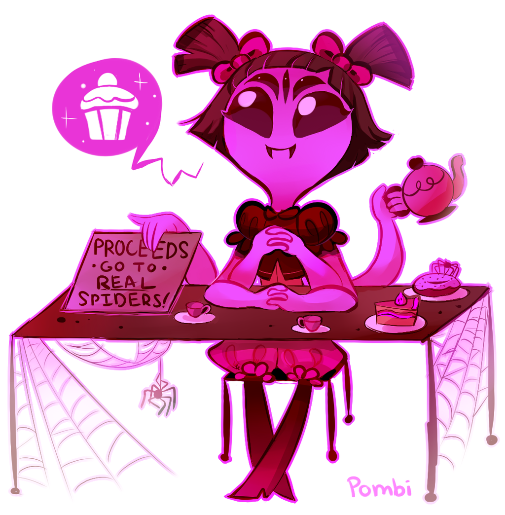 artist_name bug cake cup doughnut english extra_eyes fangs fewer_digits food hair_ornament holding holding_sign insect_girl interlocked_fingers muffet multiple_arms pastry pombity puffy_short_sleeves puffy_sleeves short_sleeves sign silk sitting slice_of_cake smile speech_bubble spider spider_girl spider_web table teacup teapot undertale unitard white_background