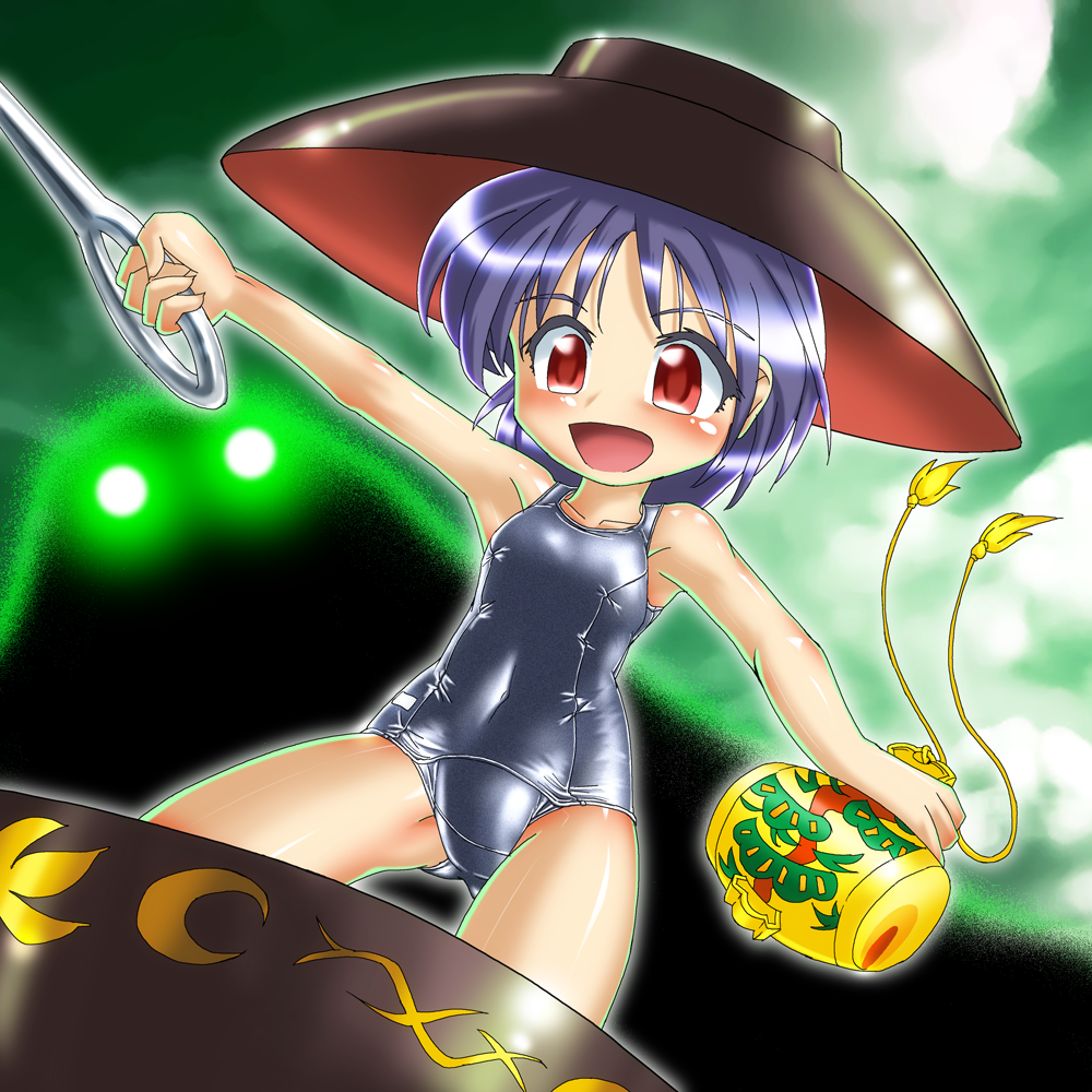 blush holding_needle needle one-piece_swimsuit open_mouth purple_hair red_eyes school_swimsuit shiny shiny_clothes smile solo sukuna_shinmyoumaru swimsuit touhou winn