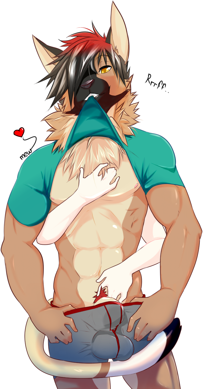 &lt;3 anixis balls boxer_briefs brown_hair bulge canine chest_tuft clothing disembodied_arms disembodied_tail dog english_text fur german_shepherd hair hand_on_chest hybrid looking_at_viewer male mammal multicolored_hair muscular mustelid otter papapuppy red_hair shirt shirt_in_mouth solo standing tan_fur text tuft two_tone_hair underwear undressing yellow_eyes