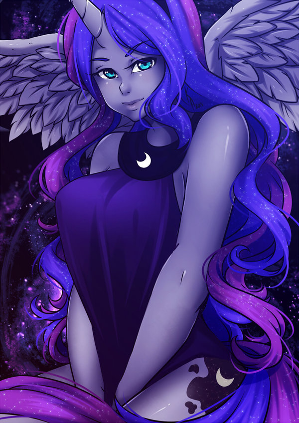 2015 anthro blue_eyes blue_skin clothed clothing cutie_mark equine feathered_wings feathers female friendship_is_magic hair horn kirael-art long_hair looking_at_viewer mammal multicolored_hair my_little_pony princess_luna_(mlp) solo two_tone_hair winged_unicorn wings