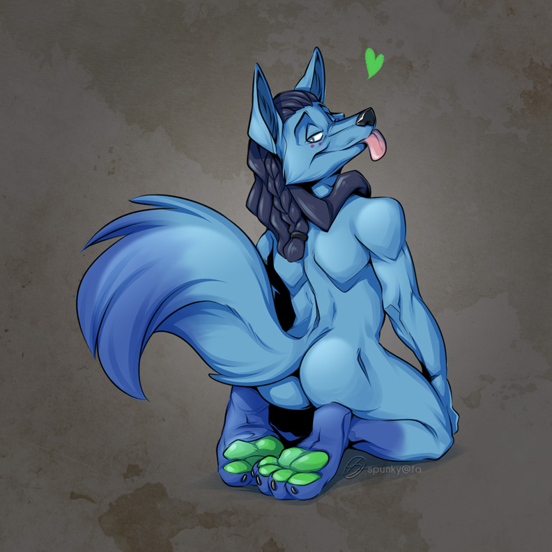 anthro butt canine hindpaw male mammal nude pawpads paws solo spunky tongue tongue_out wolf